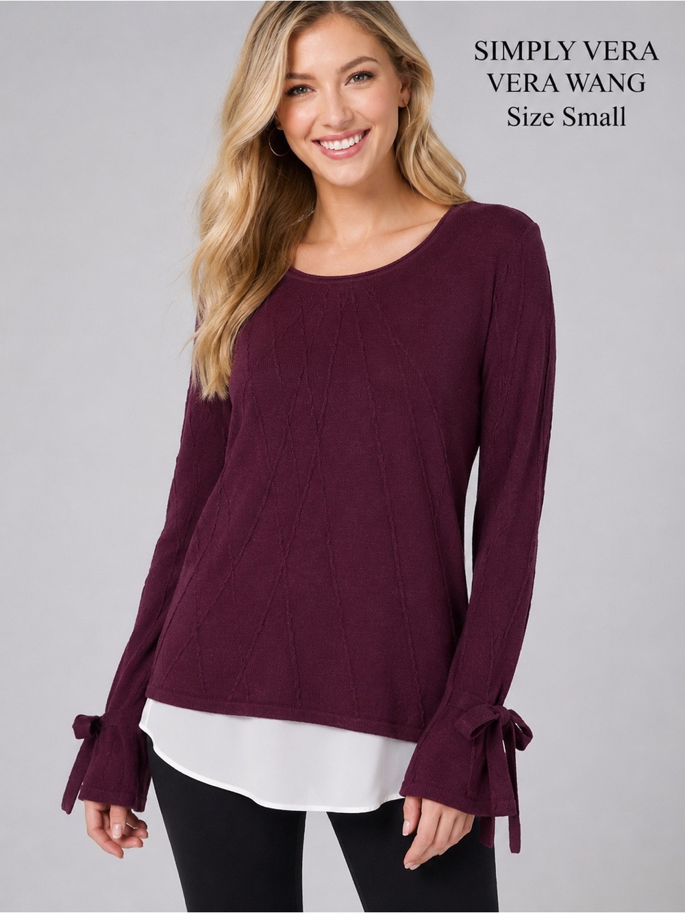 Simply Vera Vera Wang Size Small Burgundy Mock Layer Cable Knit Tie Sleeve Top